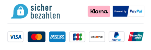 Sicher bezahlen mit Klarna, PayPal, Visa, Mastercard, American Express, JCB, Discover und UnionPay