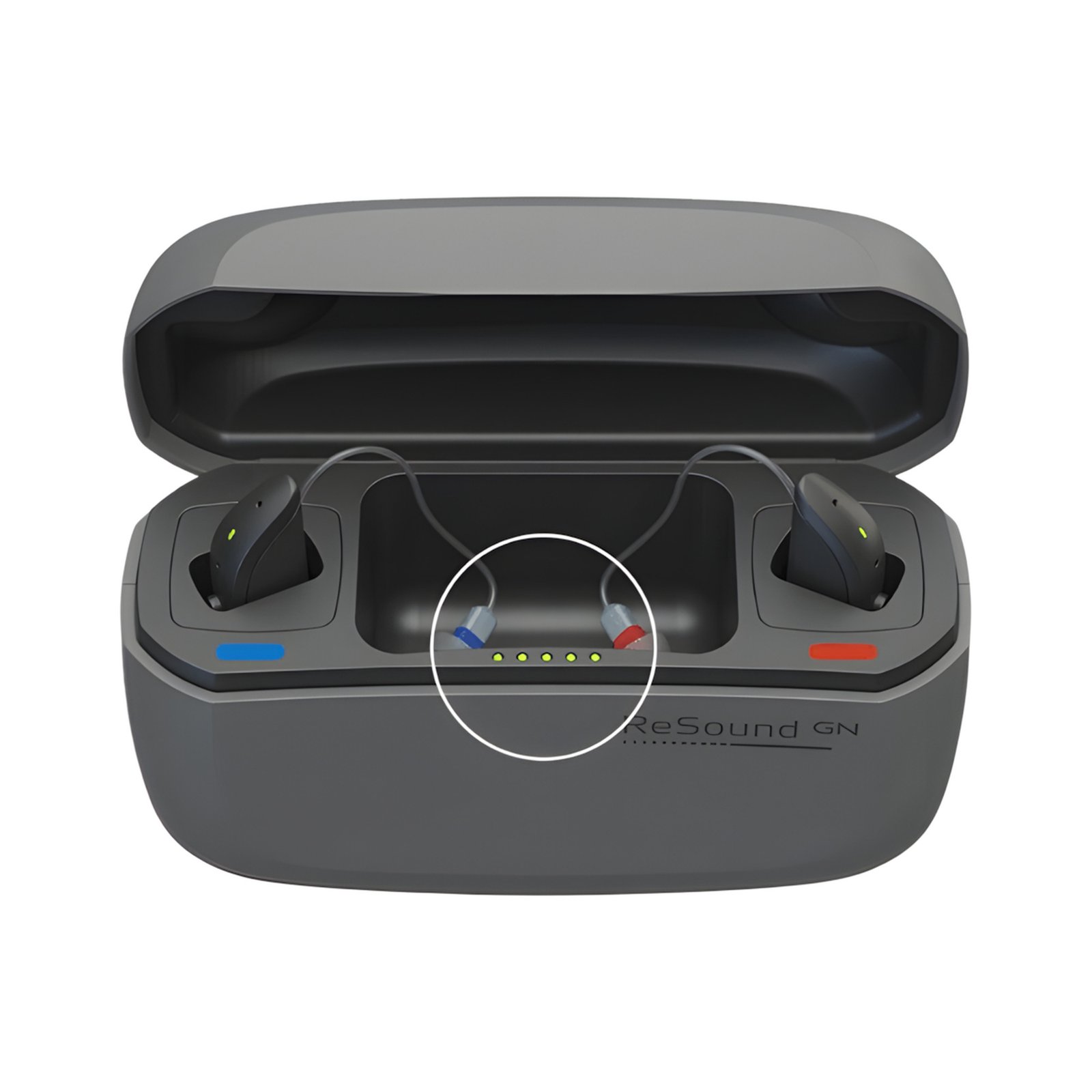 GN ReSound Premium Charger Ladegerät geöffnet mit eingesetzten Hörgeräten