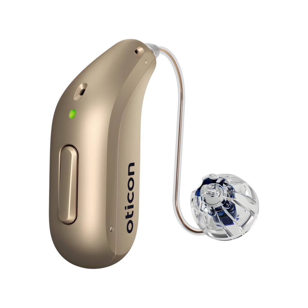 Oticon Intent miniRITE R Hörgerät in der Farbe Honig-Beige, Seitenansicht