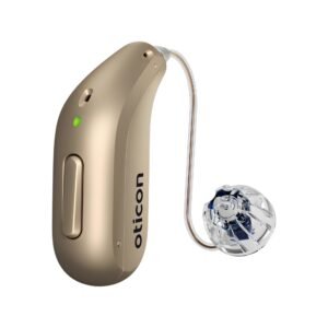 Oticon Intent miniRITE R Hörgerät in der Farbe Honig-Beige, Seitenansicht