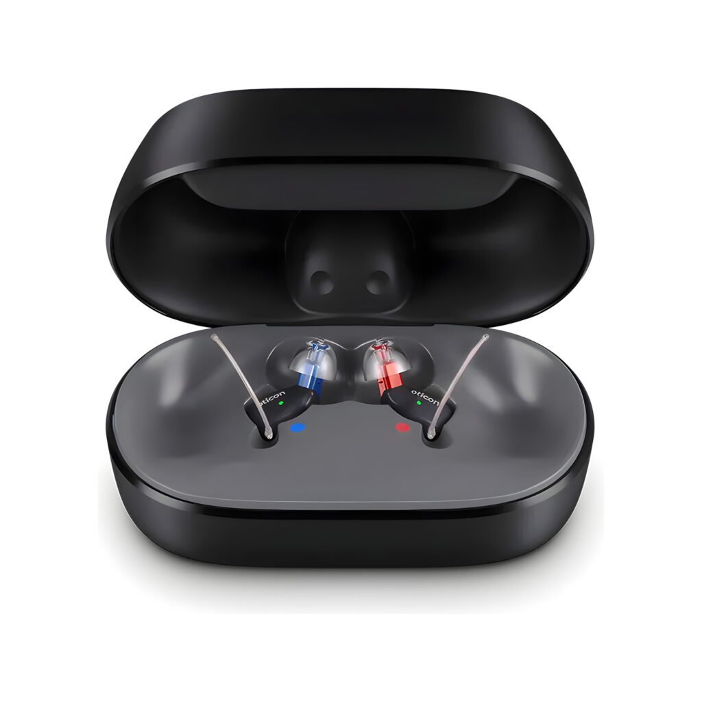 Oticon Zeal Smart Charger Ladegerät geöffnet mit eingesetzten Im-Ohr-Hörgeräten