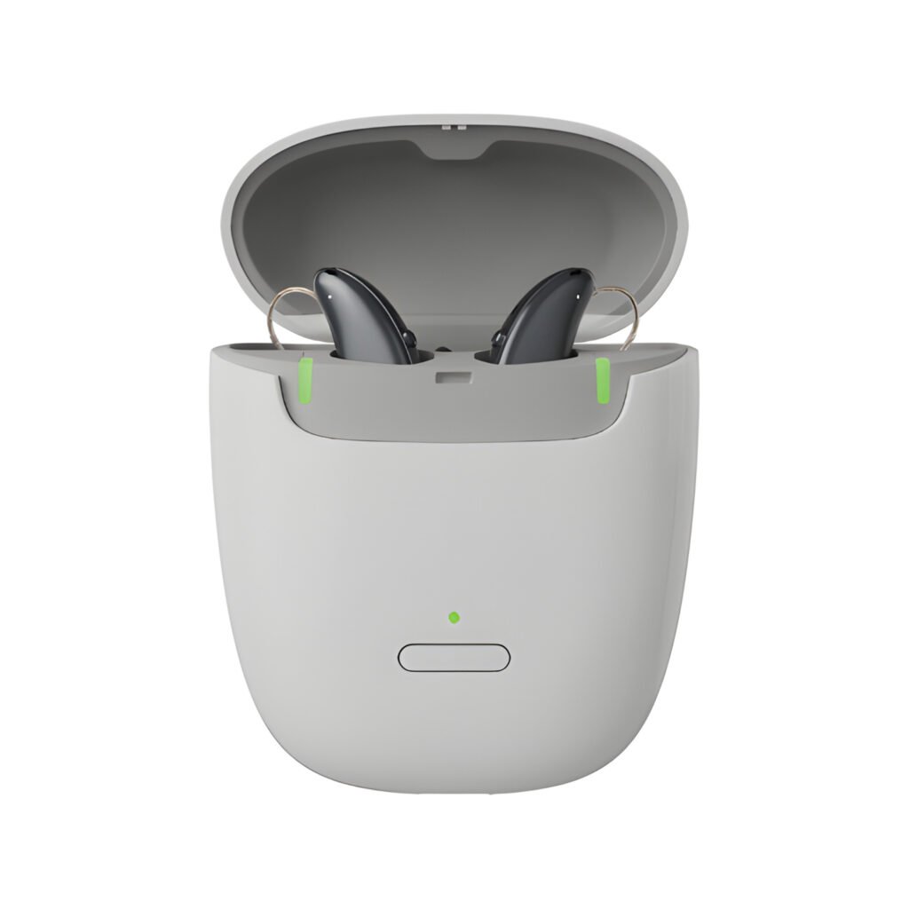 Signia Pure IX/AX ReiseLadegerät geöffnet mit eingesetzten Hörgeräten